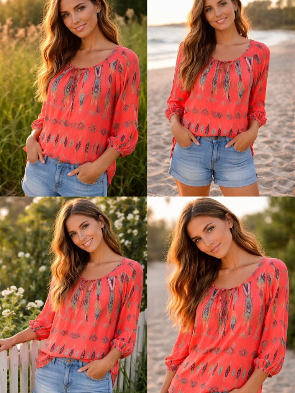 Yahada Coral Printed Peasant Blouse
